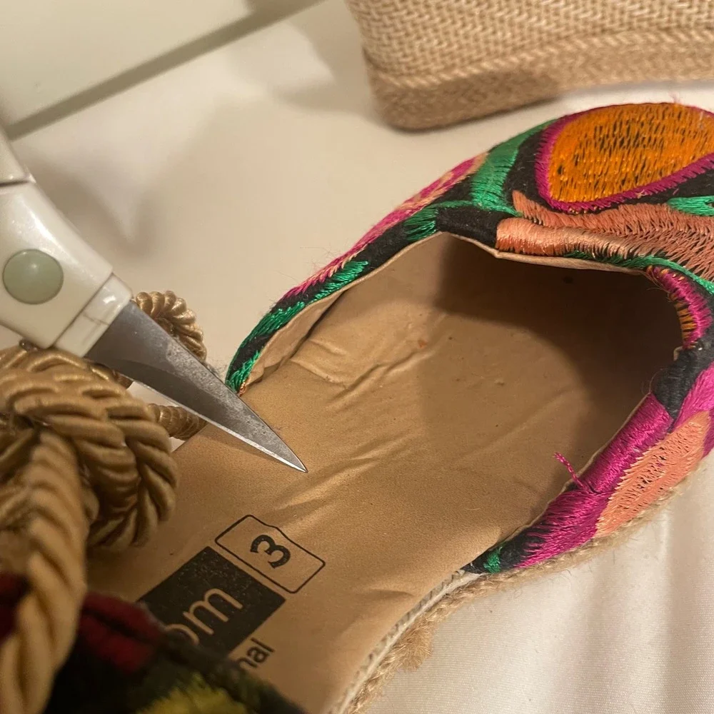 Ikal Bolom Floral Embroidered Wedge Espadrilles Rope Lace Up Sandals Size 3